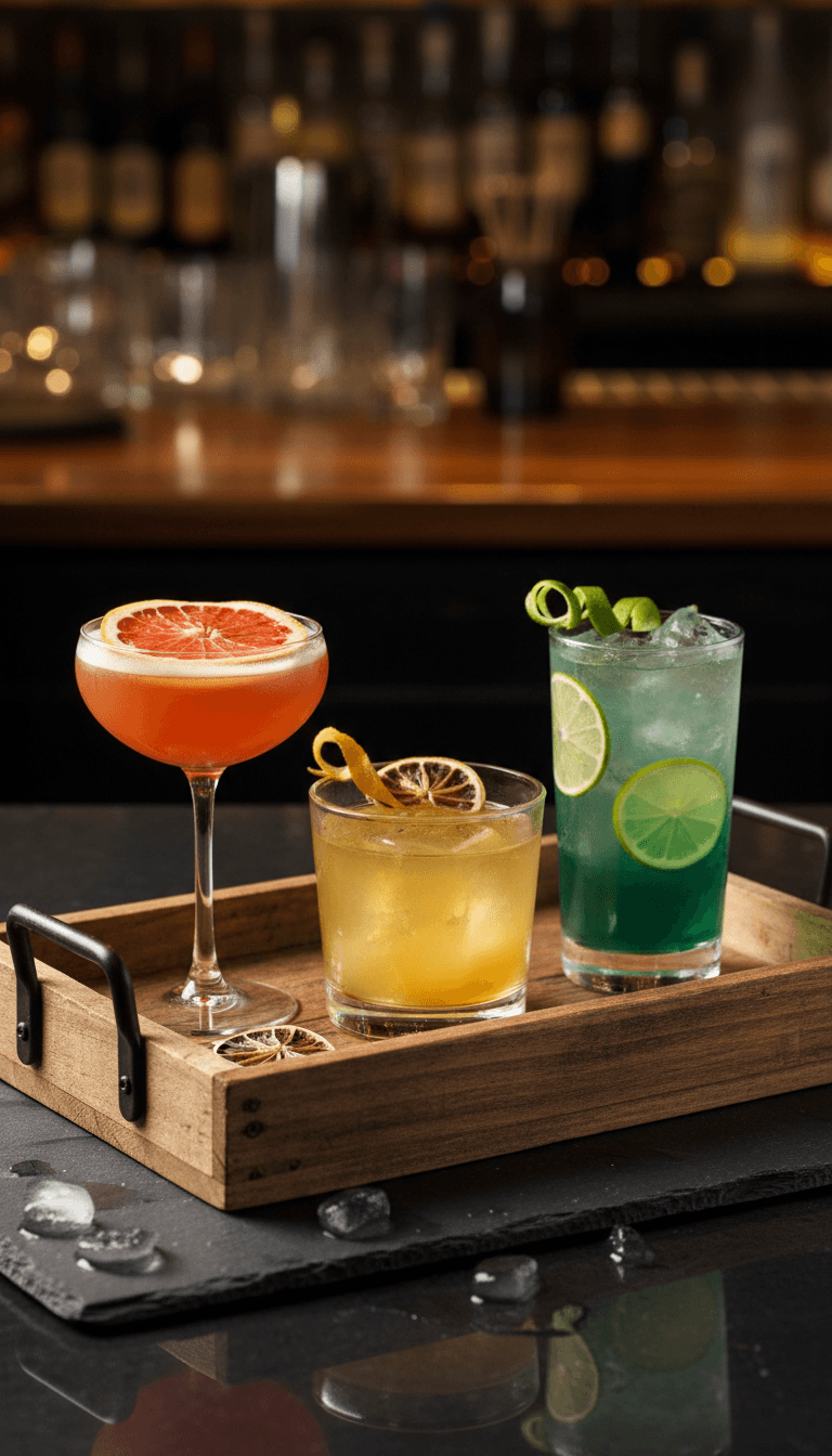 Three cocktails with different dehydrated citrus garnishes on a serving tray