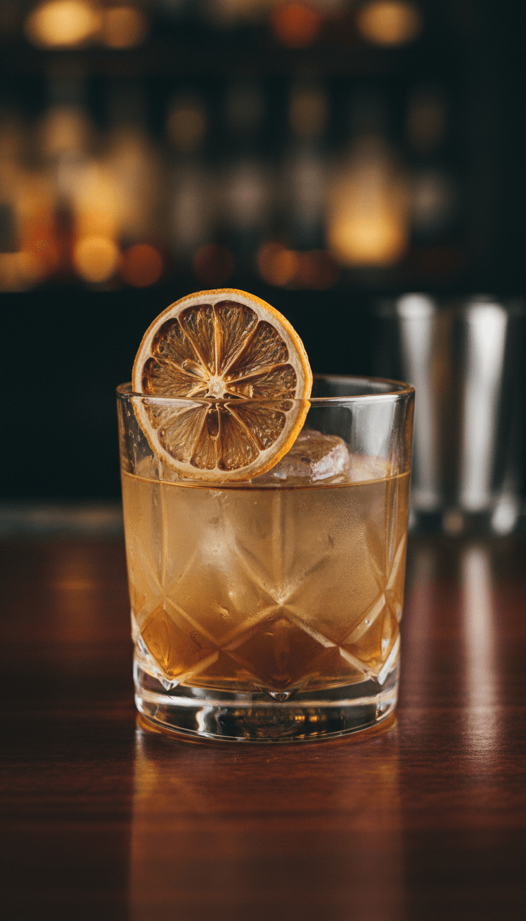 Close-up of a Negroni with a dehydrated lemon wheel floating on top