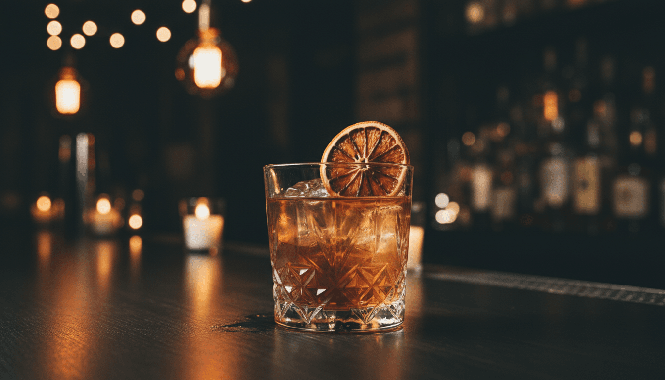 Cocktail with dehydrated citrus wheel garnish on dark bar counter