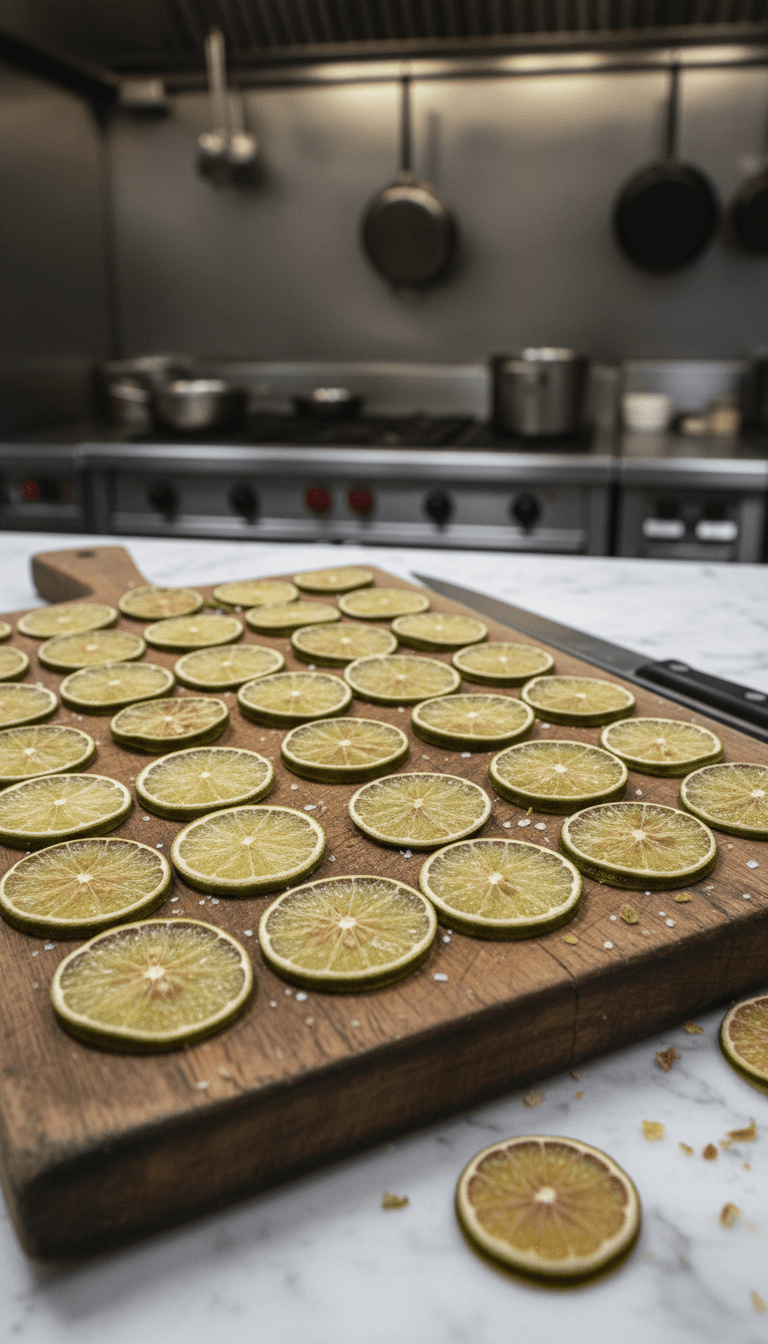 Stack of dehydrated lime coins on a wooden board