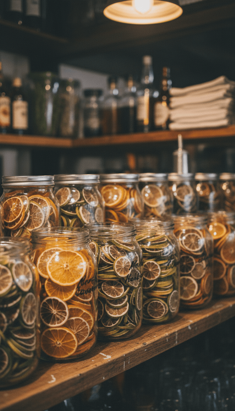 Storage jars of dehydrated lemon, lime, and orange in a bar pantry